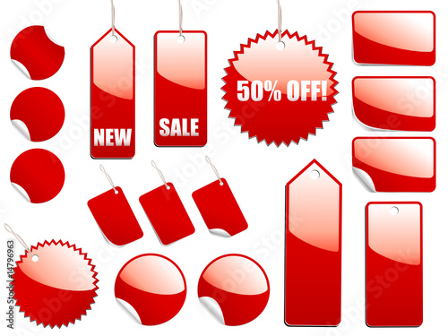 Red, shiny sale tags and stickers