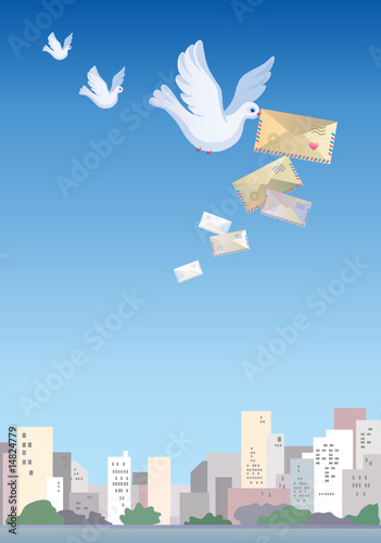 Carrier pigeons in the sky over a city