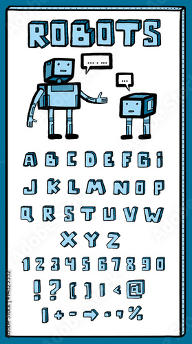Interesting font and two robots a vector illustration