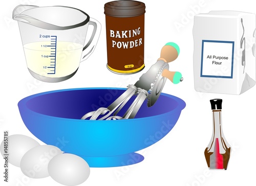 Retro utensils to make a cake and most ingredients