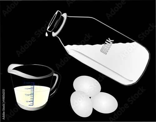 Retro milk bottle, measuring cup with eggs on black
