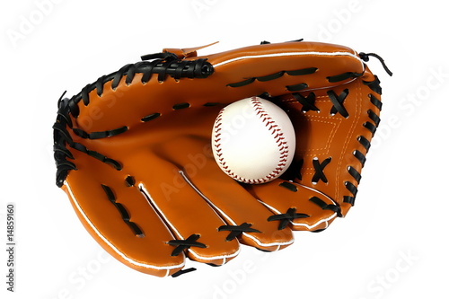 Brown baseball glove and white ball on a white background
