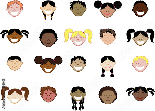 Twenty different kids faces many races ethnicities.