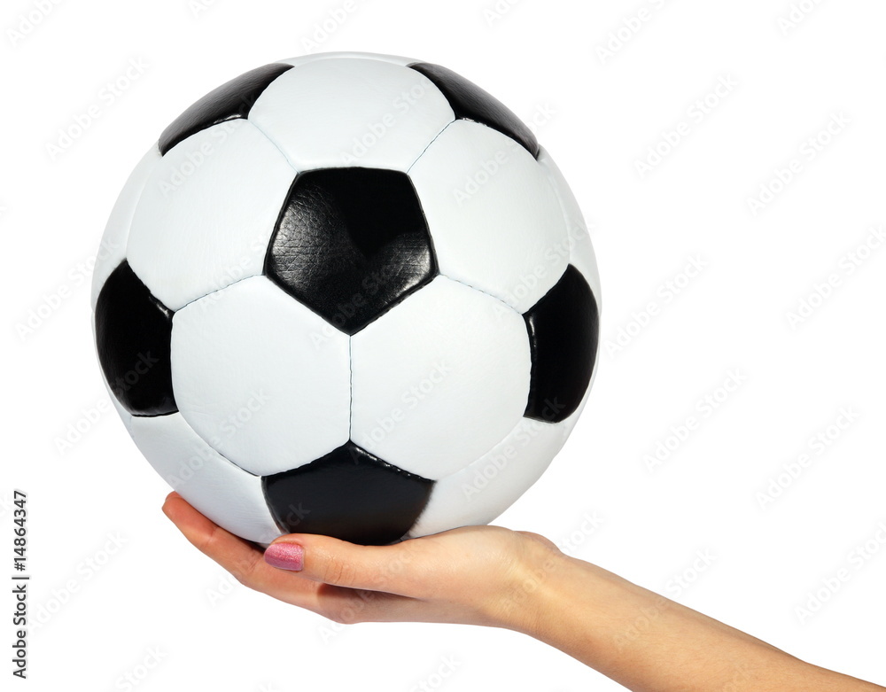 black and white Soccer ball in hands on a white background