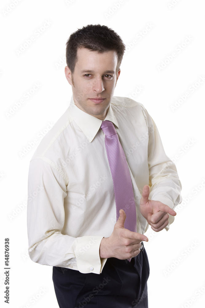 Business man pointing away, over white background Business man pointing away, over white background