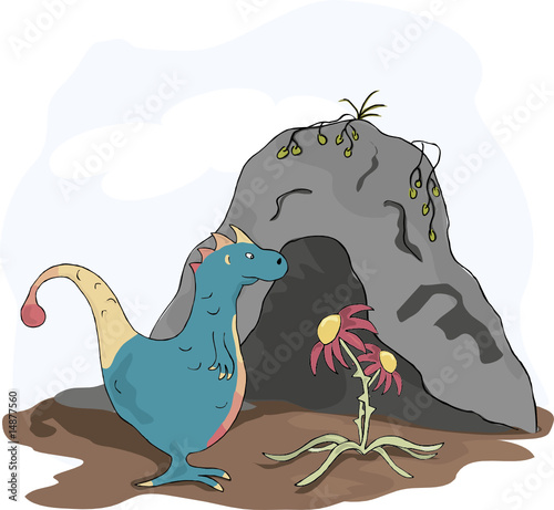 kleiner Drache betrachtet eine Blume