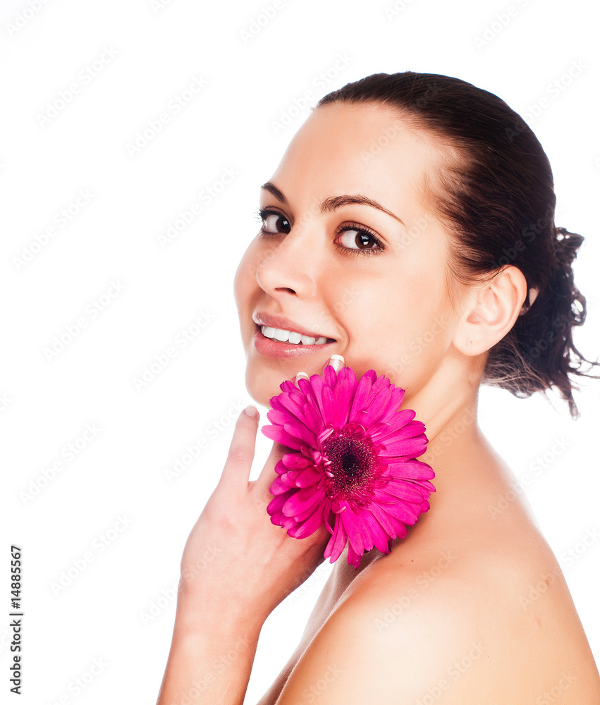 Portrait of Fresh and Beautiful woman with flower isolated on wh