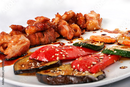 Tepan-yaki meat and vegetables closeup photo