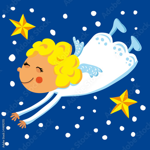Kleiner Engel fliegt zu Weihnachten am Himmel