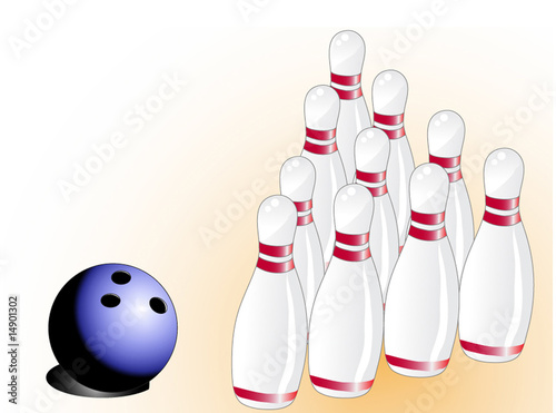 Blue Bowling ball and upright pins on orange gradient background
