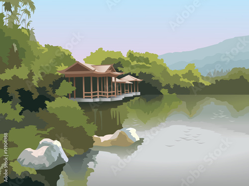 Chinese pagoda on the lake shore, photo-realistic vector