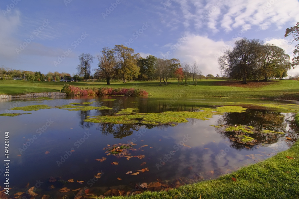 golf course course park pond by trees and blue sky