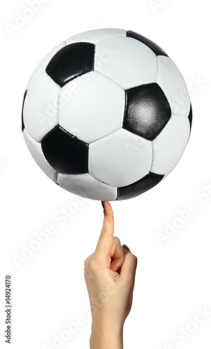 Soccer ball on an index finger on a white background