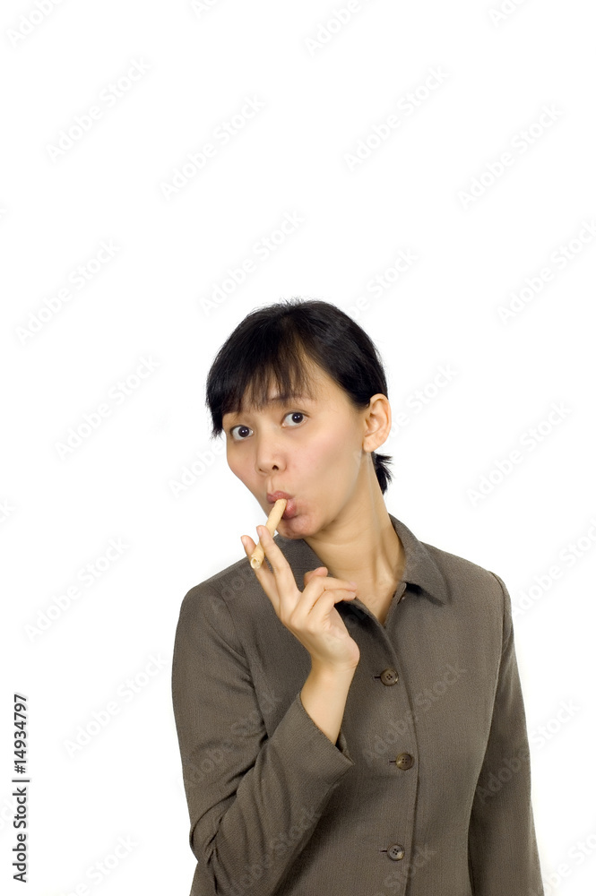 Pretty Woman Eating Cookie on White Background Pretty Woman Eating Cookie on White Background