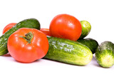 Cucumbers and tomato, isolated on white background