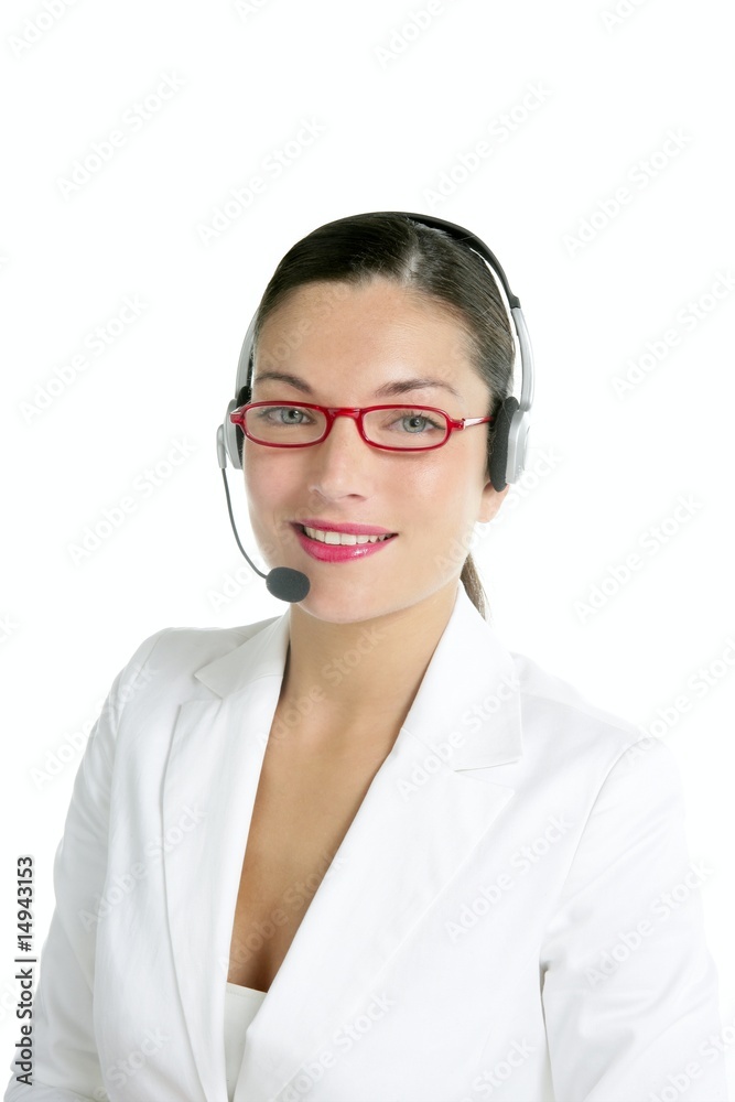 Beautiful headset businesswoman portrait in white Beautiful headset businesswoman portrait in white