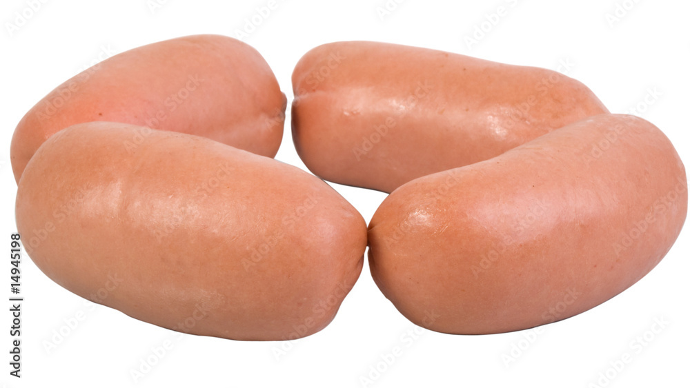 A few fresh sausages are on a white background A few fresh sausages are on a white background
