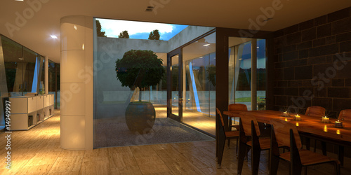 Modern minimalist interior at night (3D render)