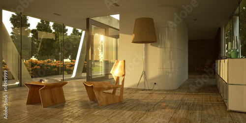 Modern minimalist interior in sunset