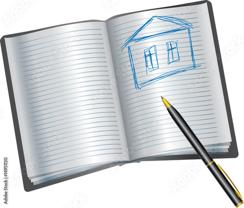 Background with book with drawing of house