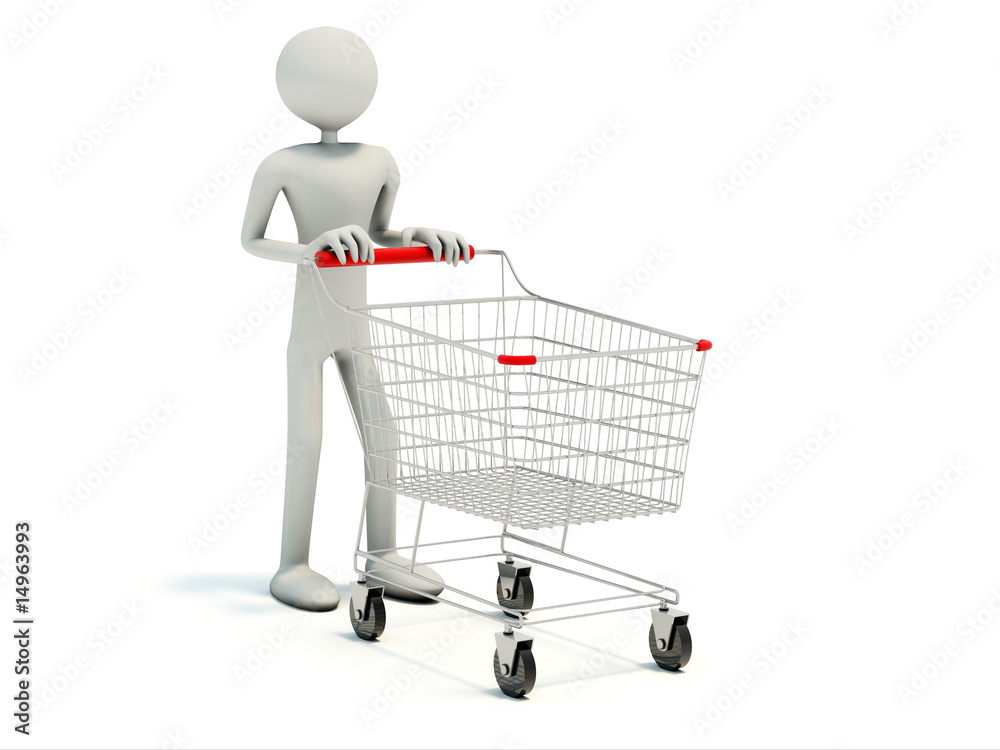Buyer with empty shopping cart isolated on white Buyer with empty shopping cart isolated on white