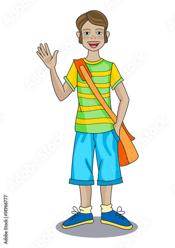 Modern-day boy is waving hand