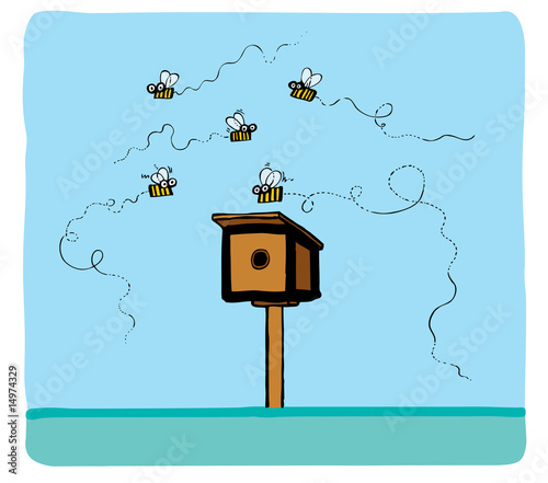 Some bees fly around of a beehive on a blue background