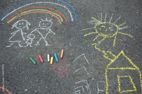 Family , rainbow , sun and house. Picture on asphalt