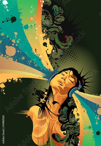 girl with colorful stripes coming out of her headphone