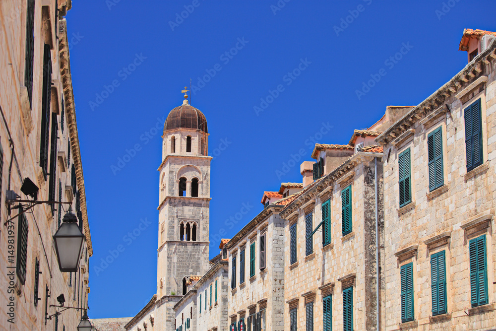 Tower on the main walking street in Dubrovnik, Croatia