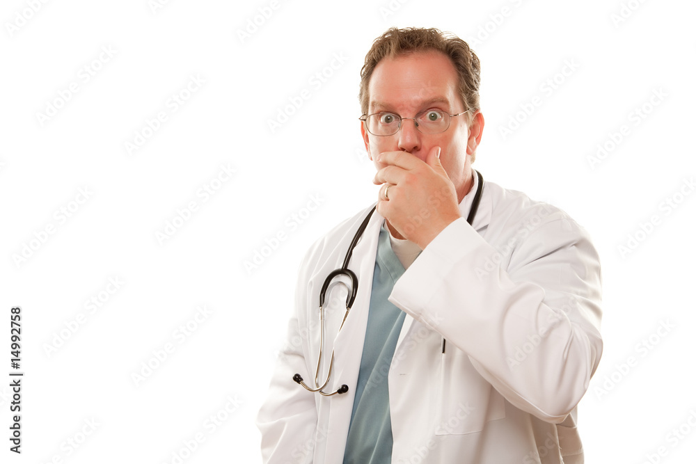 Male Doctor with Concerned Look and Hand Over Mouth Male Doctor with Concerned Look and Hand Over Mouth