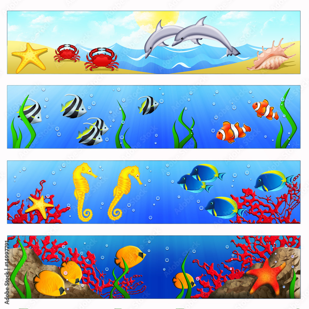 Naklejka premium Ocean banners with tropical fishes
