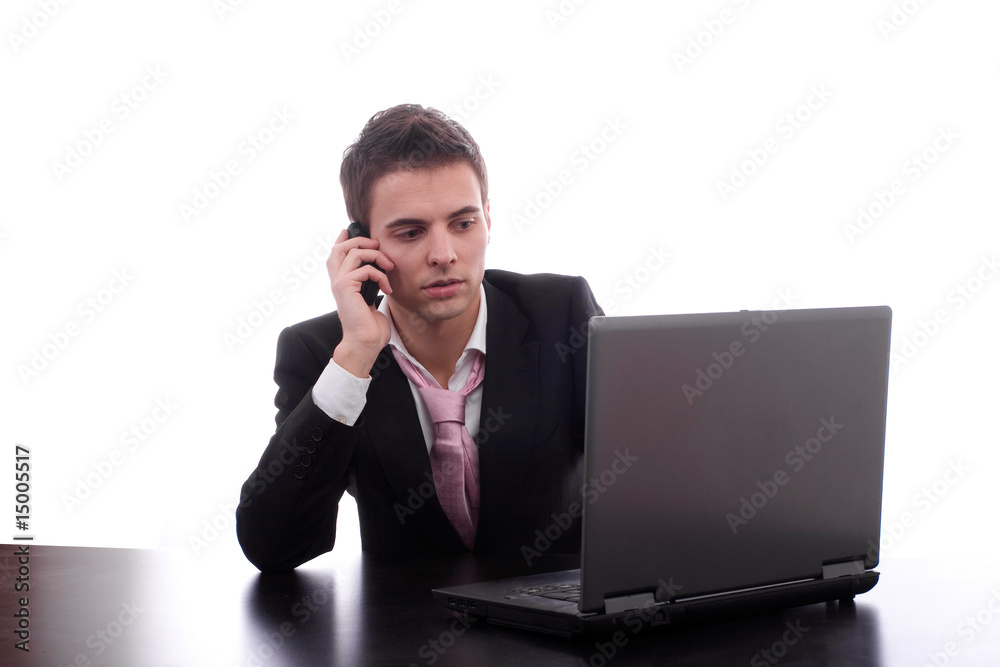 Business man working with laptop, isolated over white Business man working with laptop, isolated over white
