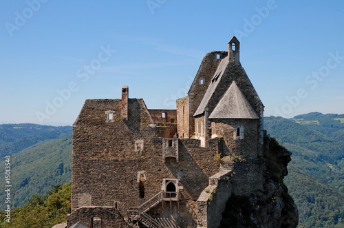Towers and roofs of medieval castle in green Donau valley