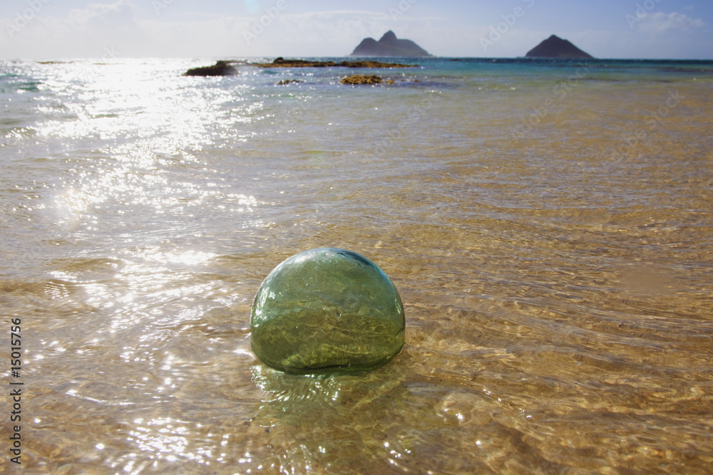 glass float ball drifts to shore on a Pacific island