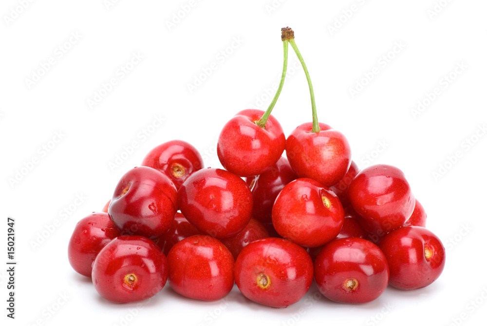 Pile of red cherries without stalks and pair berries on the top