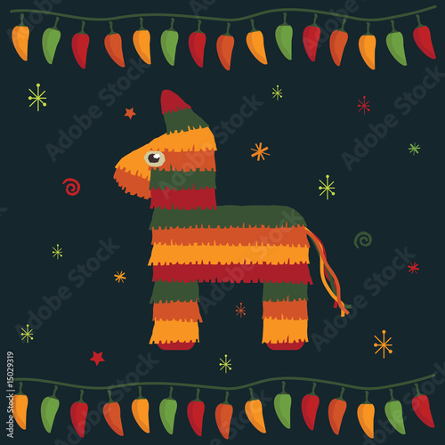 mexican fiesta party paper mache pinata card vector clipart with chili bunting