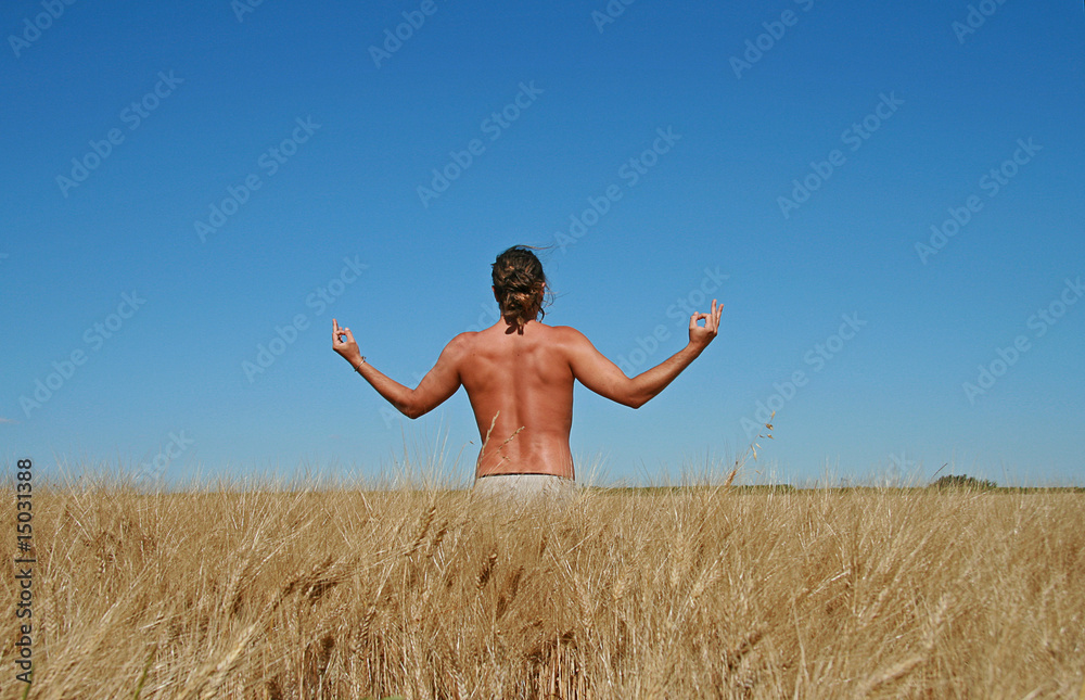 yogga, zen, homme dans un champ de blé yogga, zen, homme dans un champ de blé
