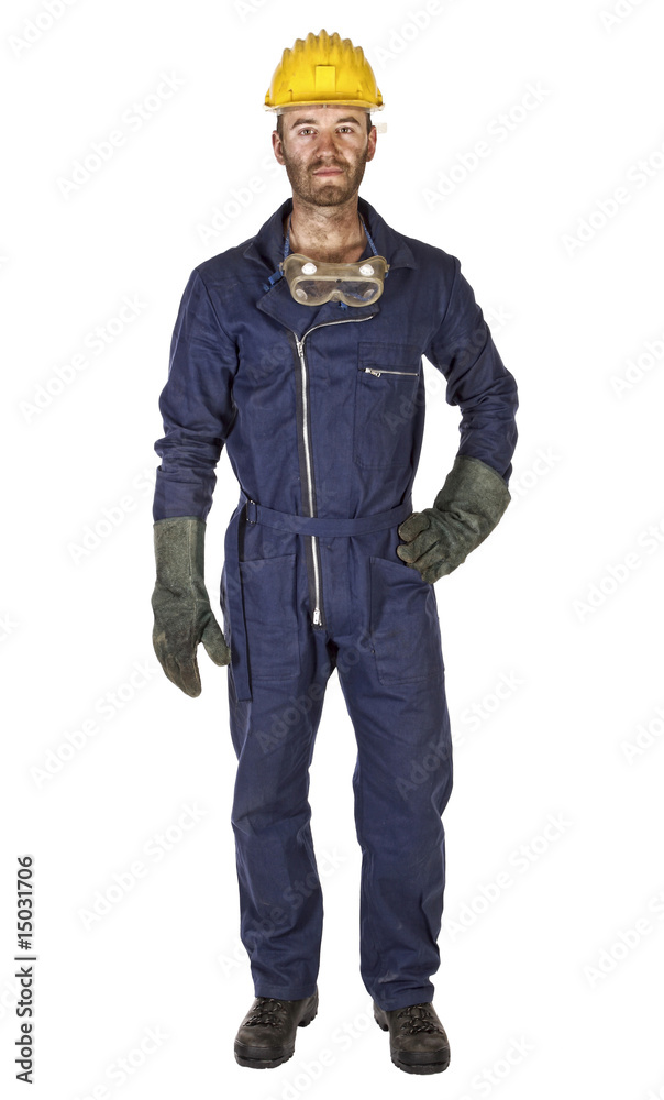worker in blue overalls helmet standing isolated white background worker in blue overalls helmet standing isolated white background