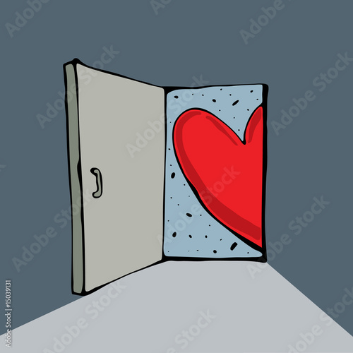 Red heart is looked out of a door with an illustration