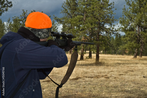 Hunter aiming a rifle into the woods