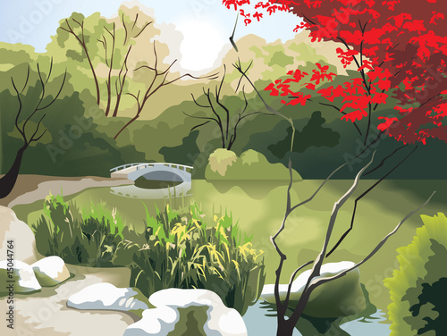 Chinese landscape, bridge and pond, photo-realistic vector