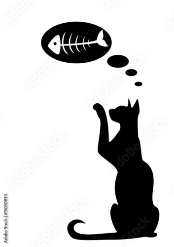 The silhouette of a black cat which dreams of fish