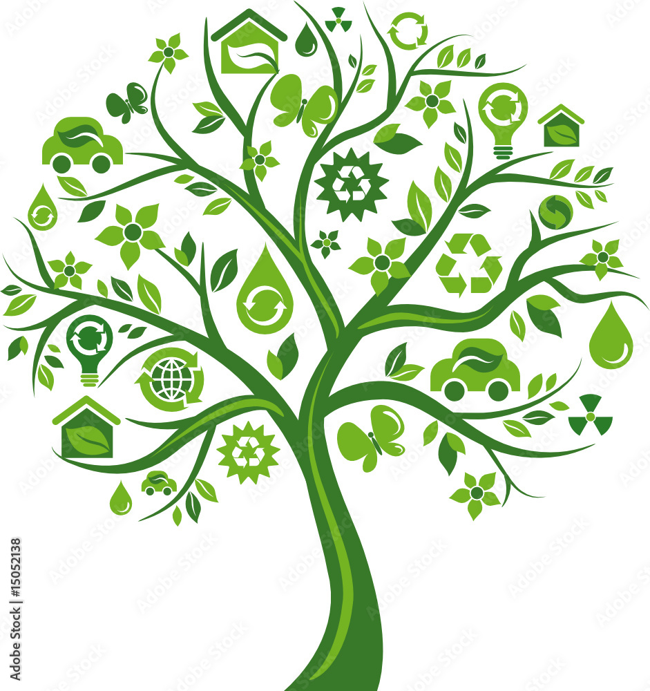 Green tree with many environmental icons Green tree with many environmental icons