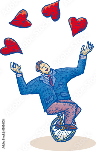 Business man on a monocycle is playng with some hearts.