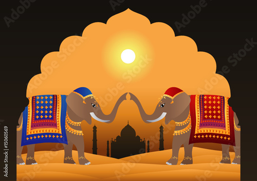 Taj Mahal and Decorated Indian Elephants