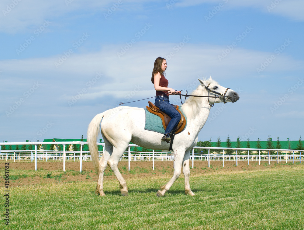 girl astride a horse on a hippodrome girl astride a horse on a hippodrome