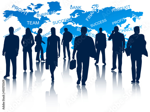 Illustration of business people and map