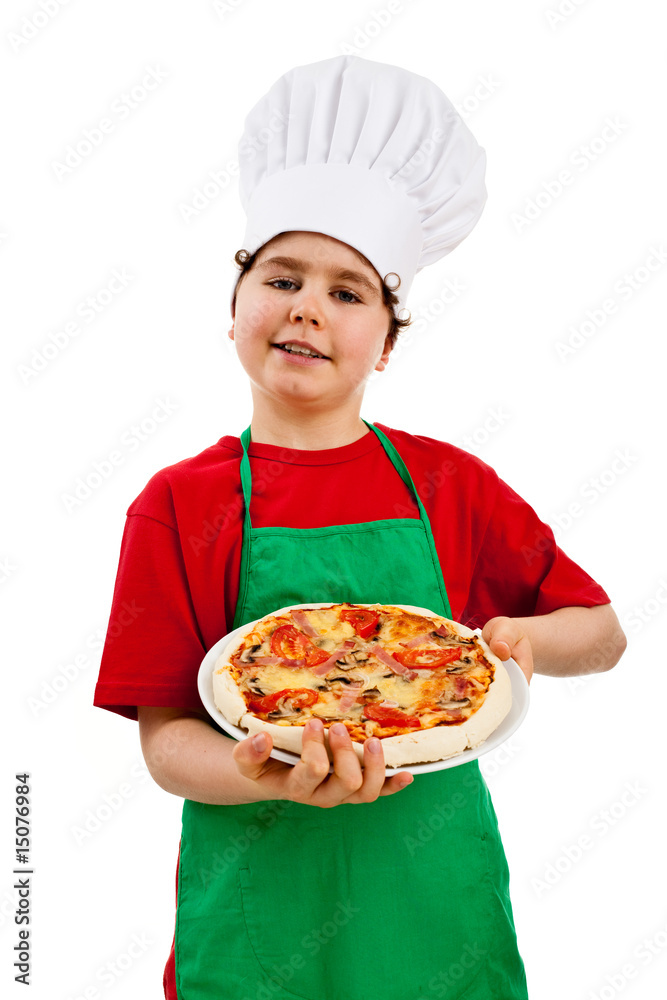 Boy holding pizza isolated on white background Boy holding pizza isolated on white background