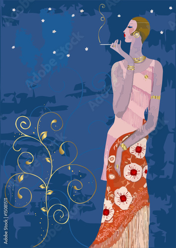 Smoking stylish lady in vintage Paris style, vector format